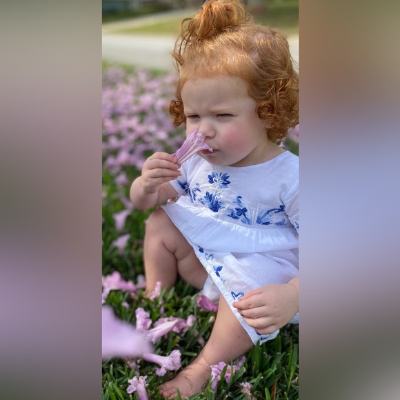 100% Roller Rabbit cotton white dress with blue embroidered flowers - Picture 6 of 12